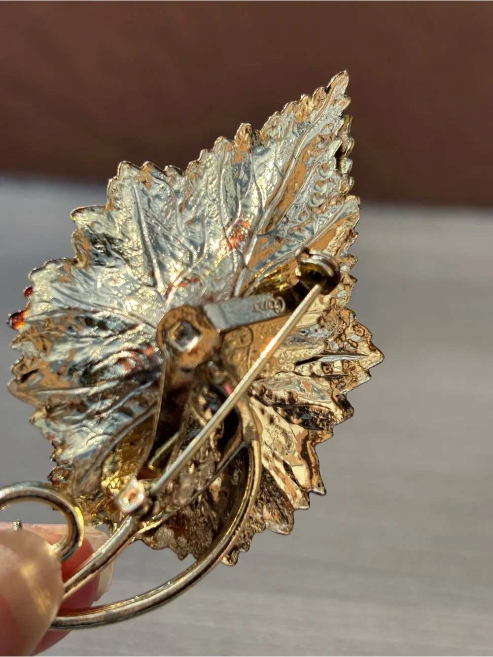 Vintage Signed Coro Enamel Gold Tone Autumn Leaf Brooch in Brown and Gold Tones